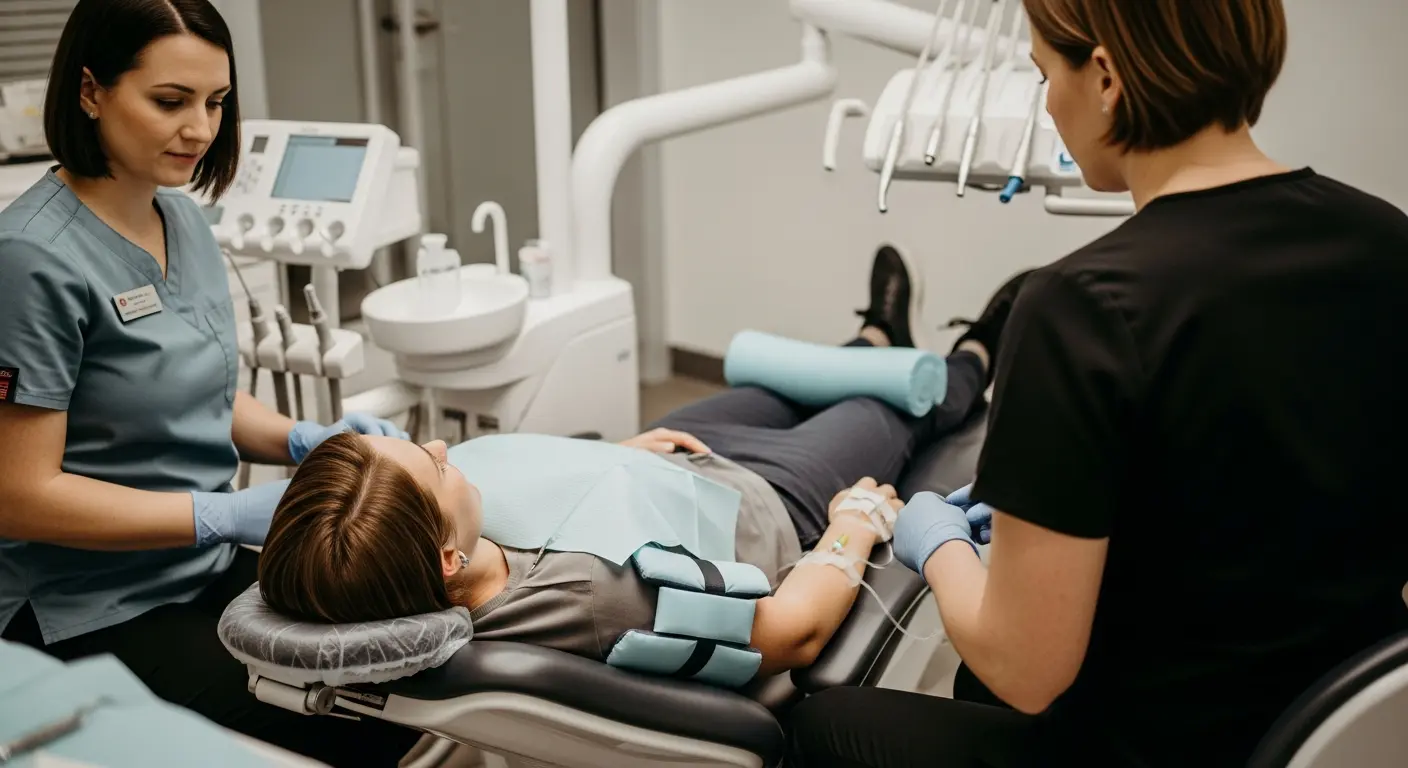 Dental patient positioned safely in a dental chair under IV sedation with proper padding and neutral limb alignment to reduce risk of nerve injury