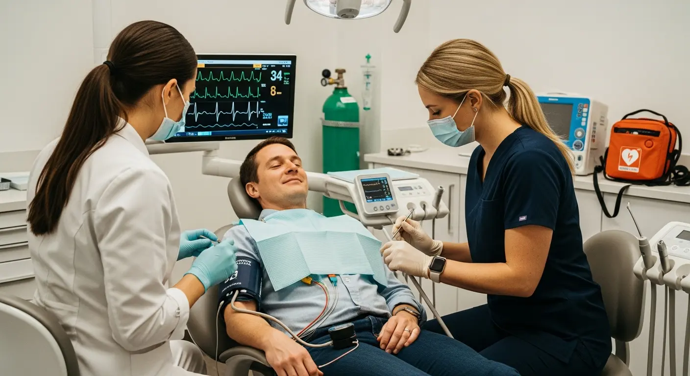 Dental patient undergoing a procedure with continuous cardiac monitoring and blood pressure assessment to support anesthetic safety