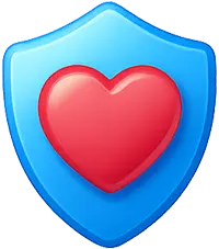 Glossy shield with red heart symbolizing patient trust and safety