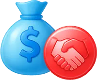 Icon of money bag with dollar sign and handshake symbol representing practice-facing billing