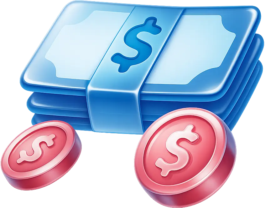 Revenue savings icon with cash and coins representing profitability without overload