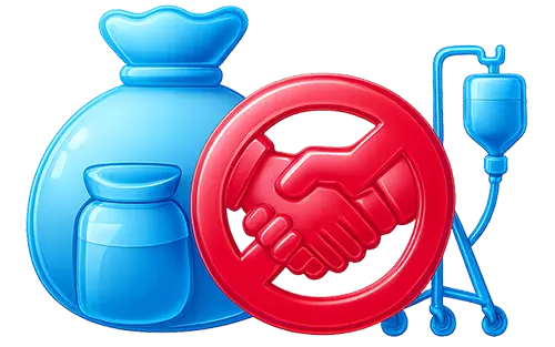 Icon showing medical supplies and no-handshake symbol to represent saving on anesthesia costs
