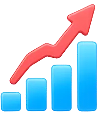 Glossy 3D blue bar chart with red upward arrow representing expanded dental services