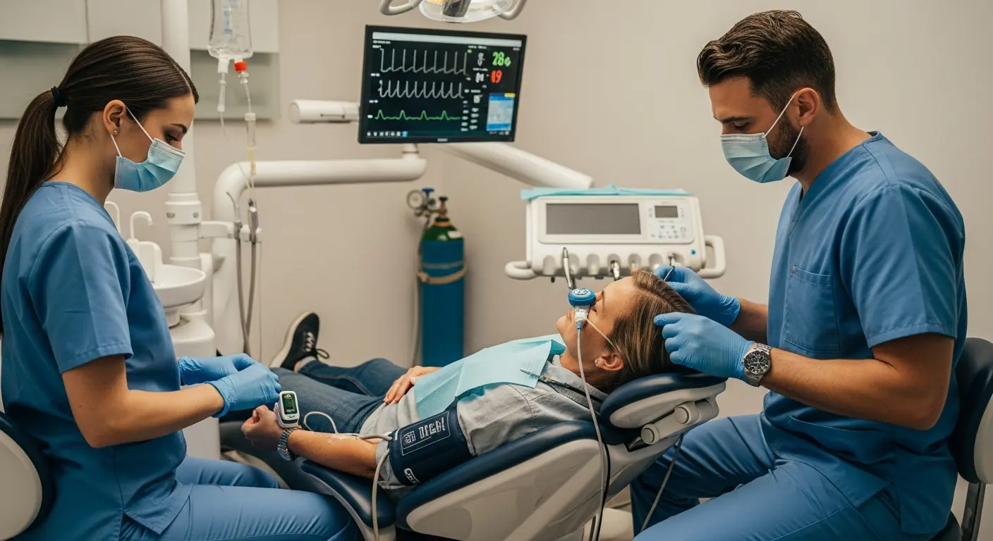 Dental patient receiving care under sedation with airway support and continuous respiratory and vital sign monitoring