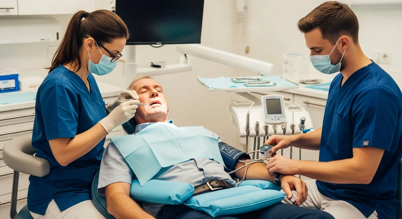 Dental patient receiving care under sedation with gentle positioning, supportive padding, and continuous vital sign monitoring