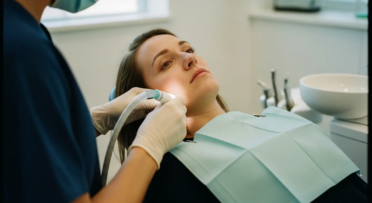 Dental professional providing calm, reassuring care to a patient during a dental procedure with sedation and monitoring