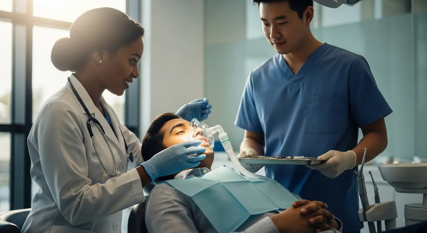 Dental patient receiving care under sedation with supplemental oxygen and continuous respiratory monitoring by clinical staff